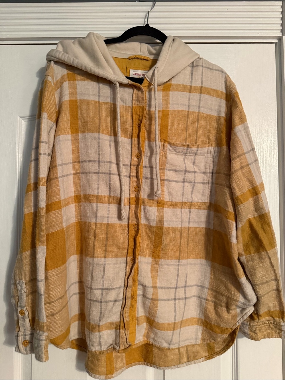 American Eagle Outfitters Mustard & Cream Plaid Hooded Flannel